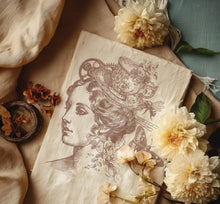Load image into Gallery viewer, Charlotte IOD 12"x12"  Decor Stamp - Great for Furniture, Crafts and Home Decor Beautiful Portrait Face Gear Brushes Bird Spoon Tea Cup Bees