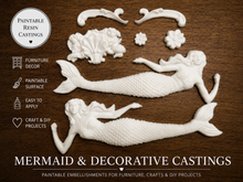 Load image into Gallery viewer, Mermaid Resin Castings and More Swirls 2 Small Shells, A Baby Mermaids Paintable Furniture Appliques Beach Decor DIY Craft Embellishments