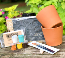 Load image into Gallery viewer, Sunflowers Clay Pot IOD Craft Kit Sunflower Mould, Air Dry Clay, and with 2 Clay Pots, Paints, Sealer, Brushes and Online Instruction Included
