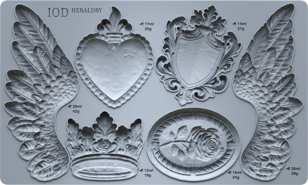 IOD Decor Mould Heraldry 6x10 Iron Orchid Designs Use Clay / Resin Furniture Crafts Signs Sugar Arts, Ceramics Heart Wings Shield Medallion