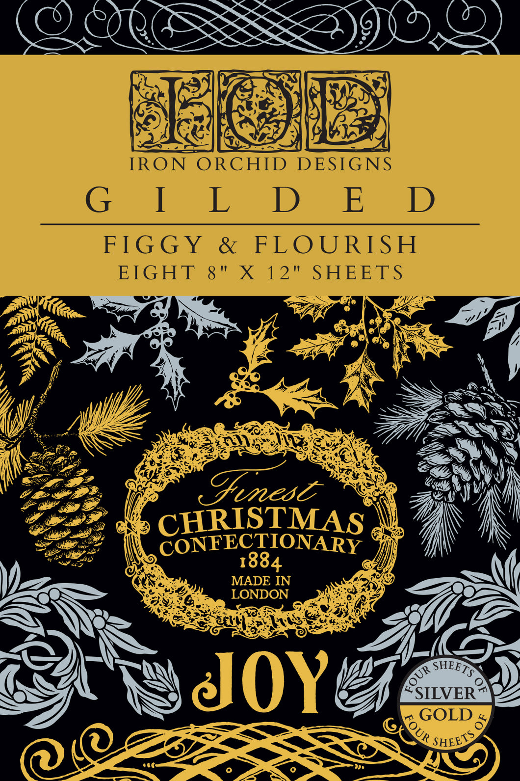 IOD Figgy & Flourish  IOD Transfer 8x12 Pad Silver and Gold Rub On Furniture Crafts Iron Orchid Designs Christmas Foil Transfer