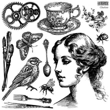 Load image into Gallery viewer, Charlotte IOD 12&quot;x12&quot;  Decor Stamp - Great for Furniture, Crafts and Home Decor Beautiful Portrait Face Gear Brushes Bird Spoon Tea Cup Bees
