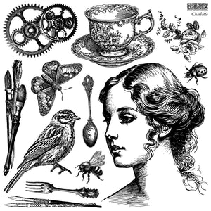 Charlotte IOD 12"x12"  Decor Stamp - Great for Furniture, Crafts and Home Decor Beautiful Portrait Face Gear Brushes Bird Spoon Tea Cup Bees