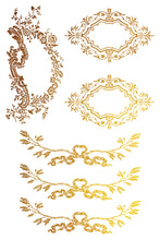 Load image into Gallery viewer, Petits Ornements IOD Decor Foil Transfer New Type of Transfer 8&quot; x 12&quot;  Rub On Furniture and Crafts Gold Foil
