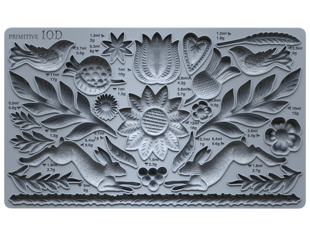 IOD Primitive 6x10 Decor Mould Folk Art designs Rabbits, Birds, Flowers and More