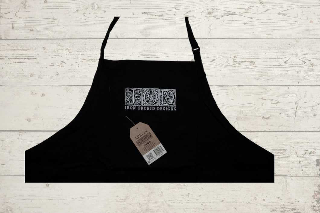 Iron Orchid Designs Apron with IOD Logo Pocket and Adjustable Buckle Black with White Embroidery
